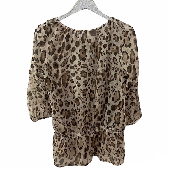 Chico's 3/4 Length Sleeve with Elastic Waist Cheetah Print Semi-Sheer Blouse - Picture 2 of 10